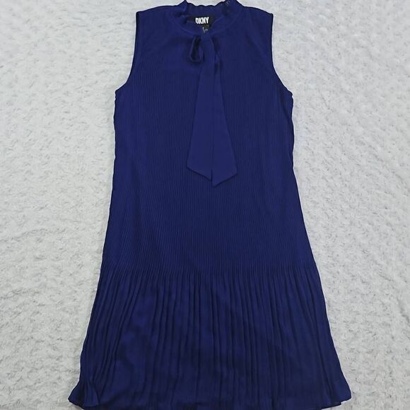 DKNY Blue Stretch Pleated Sleeveless Tie Neck Short Evening Shift Dress Womens S - Picture 4 of 13